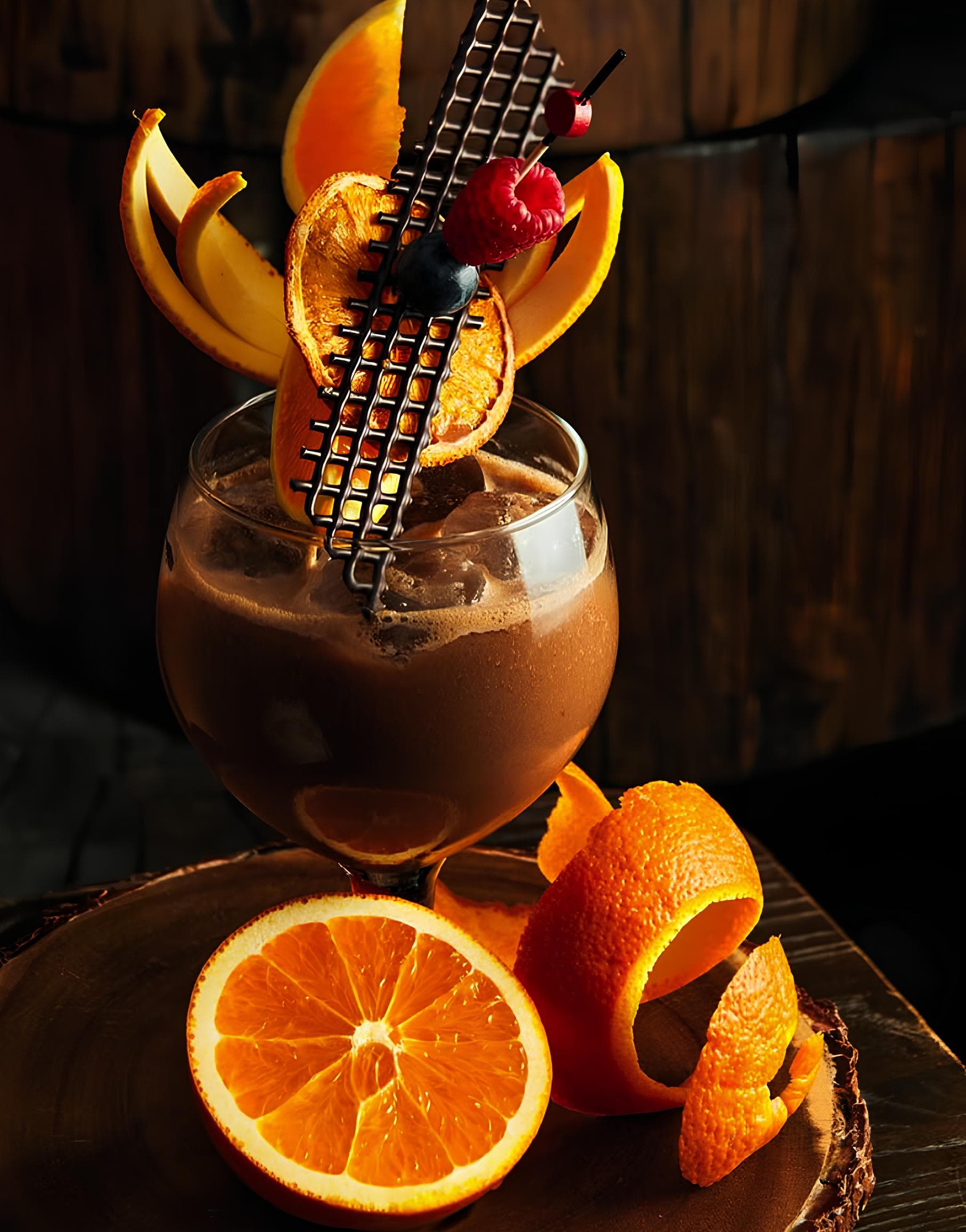 Chocolate cocktail with fresh orange garnish served on the waterfront terrace at Astral Bar