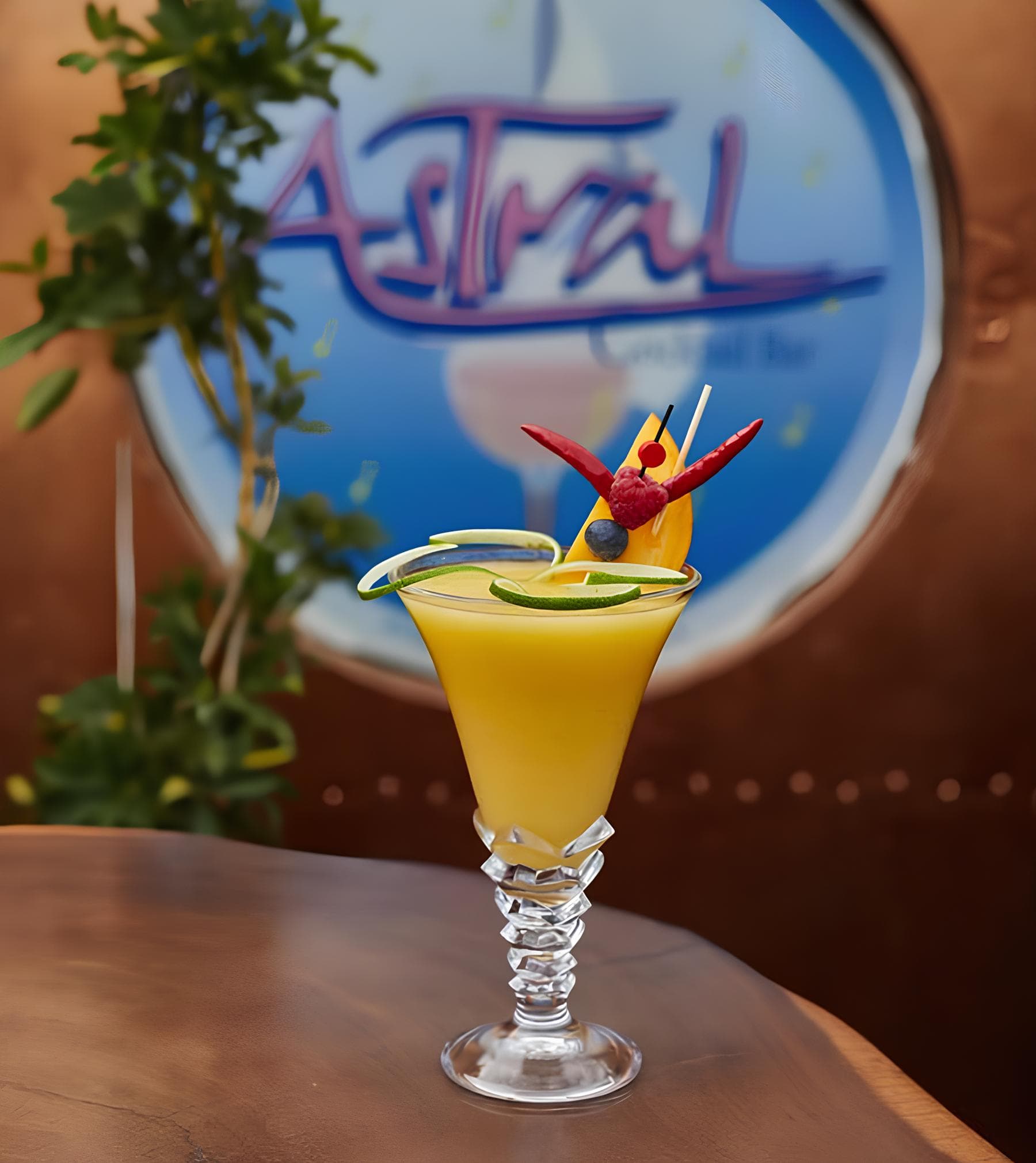 Artisan cocktail with tropical fruit garnish at Astral cocktail bar in Marbella