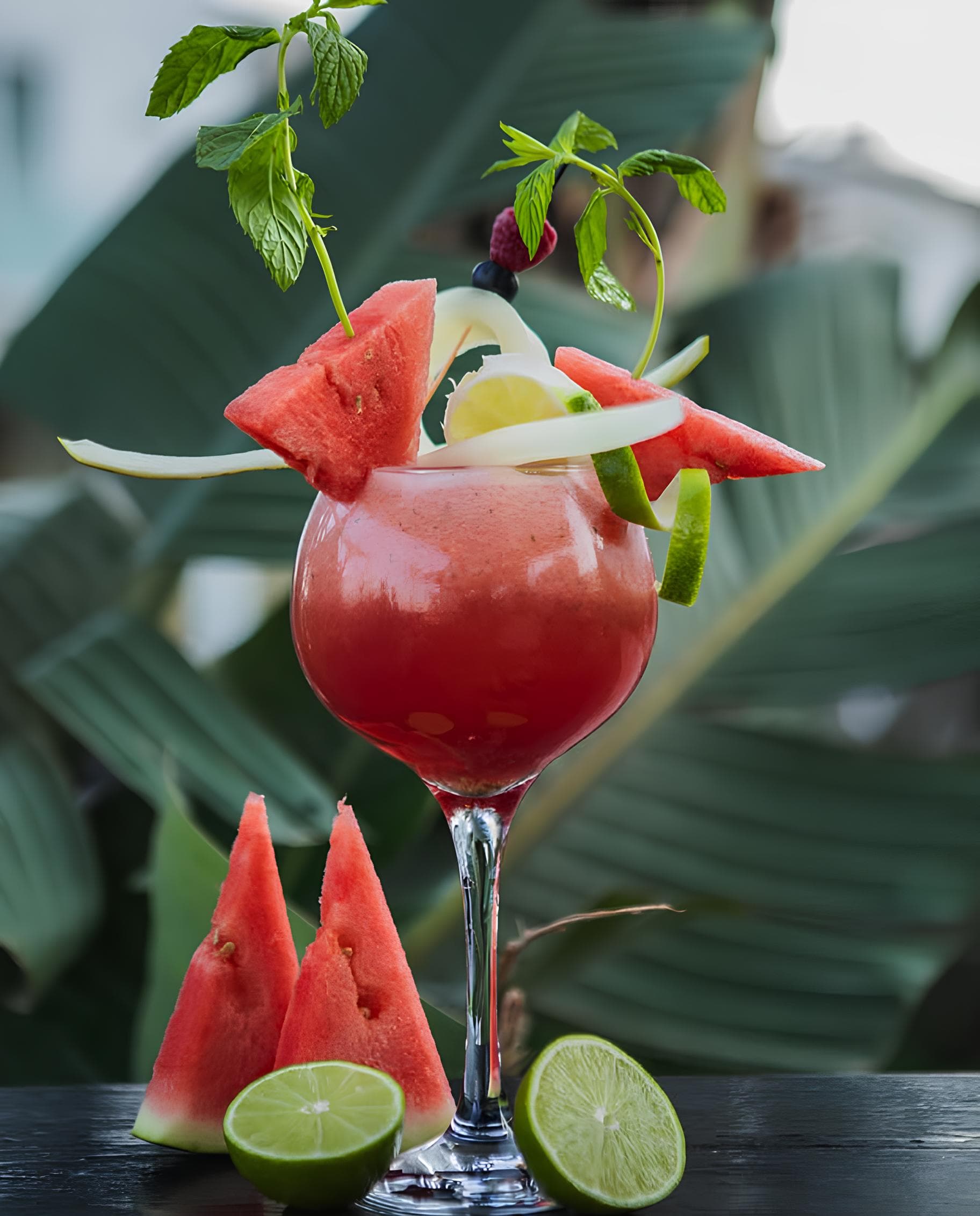 Fresh watermelon cocktail with lime garnish at the galleon bar in Puerto Banús