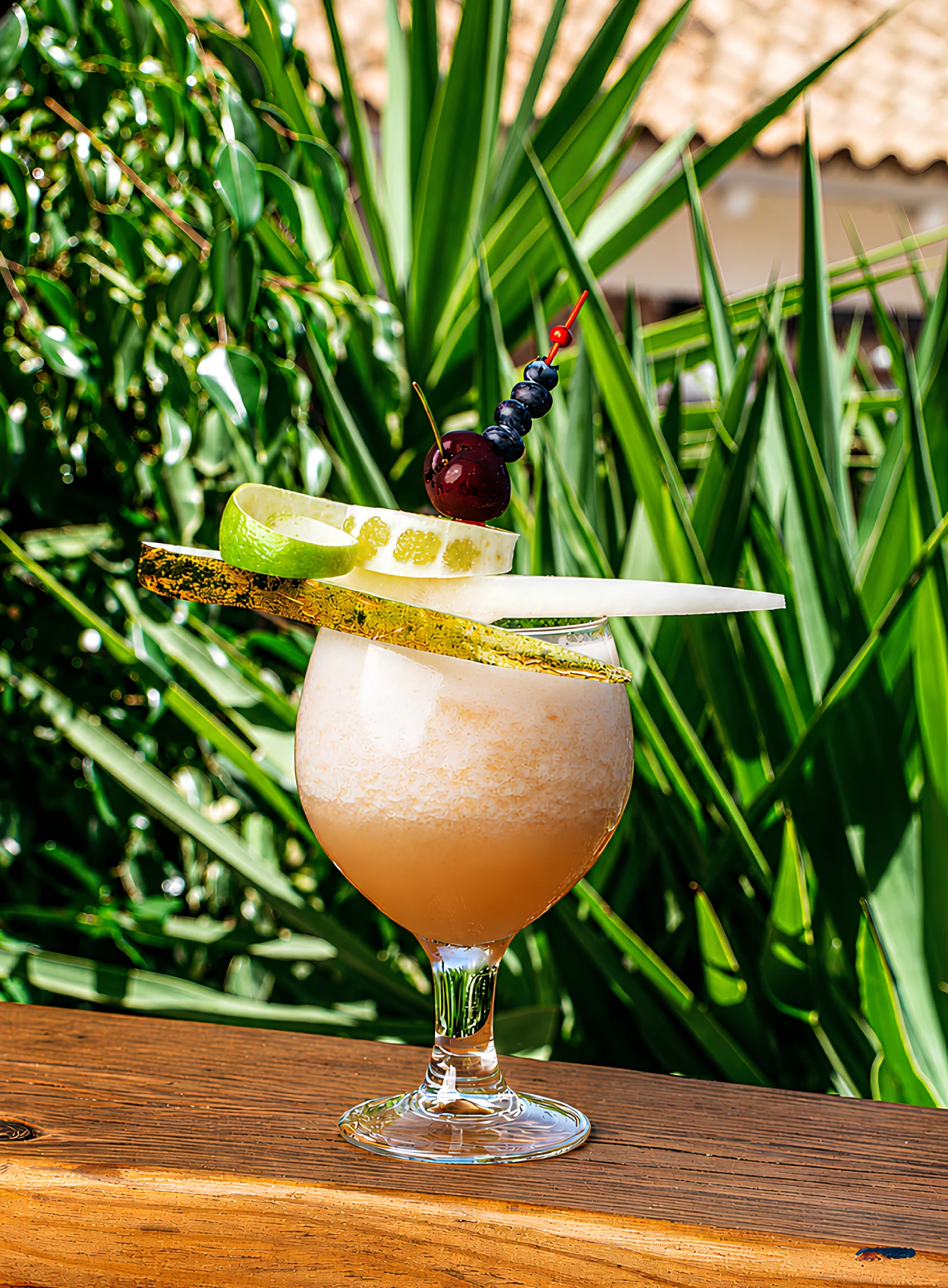 Cóctel tropical en un patio soleado en el icónico Astral Bar, Puerto Banús